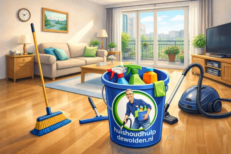Schoon en opgeruimd senioren appertement met logo huishoudhulpdewolden op emmer met schoonmaakspullen.