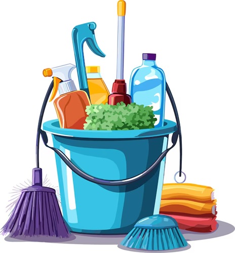 Illustratie van emmer met schoonmaakspullen, borstels en doeken van huishoudhulpdewolden.nl